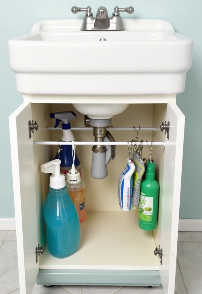21 Bathroom Storage Hacks for Tiny Spaces That'll Change Your Life (You'll Gain 50% More Space!) - 6. Tension Rod for Spray Bottles