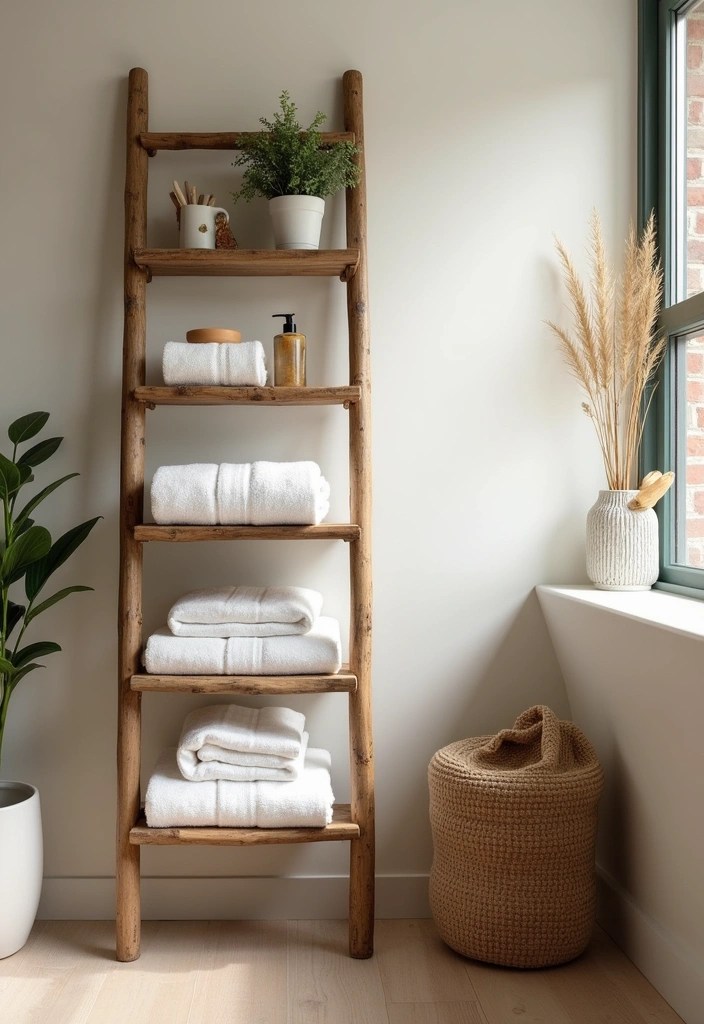 21 Bathroom Storage Hacks for Tiny Spaces That'll Change Your Life (You'll Gain 50% More Space!) - 8. Use a Ladder Shelf